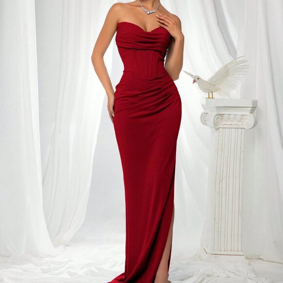 Red Party Women's Elegant Flattering Fitted Strapless Satin maxi Dress - Picture 1 of 6